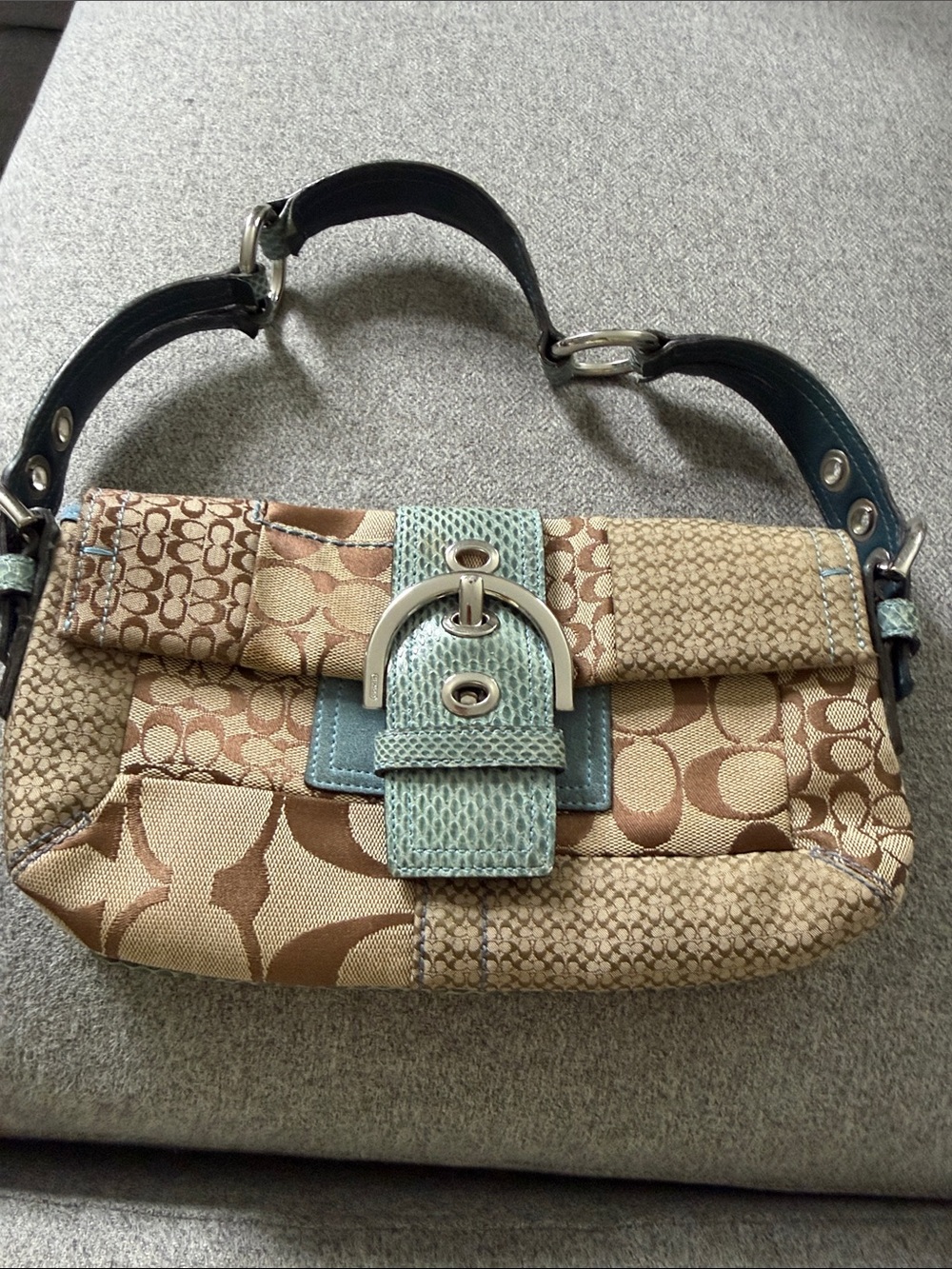 90’s Coach Signature Patchwork Shoulder Bag in Tan and Light Blue